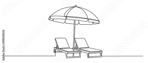 Minimalist continuous line design depicting summer vacation essentials with sun umbrella and deck chairs useful for travel agency advertisements