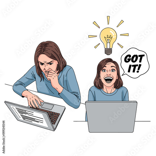 Woman Struggling with Laptop and Woman Getting an Idea with Lightbulb - Before and After Problem Solving