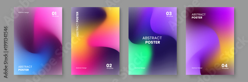 Professional set of four posters featuring smooth blended gradients and fluid blur shapes in vibrant colors for trendy creative projects