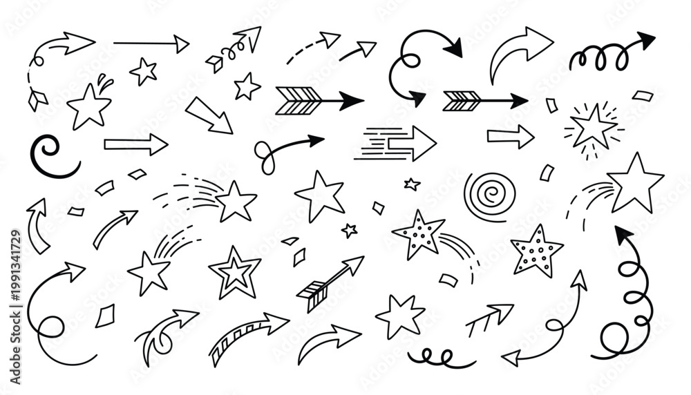 Naklejka premium Collection of various black hand drawn doodle arrows and stars for design projects and visual communication