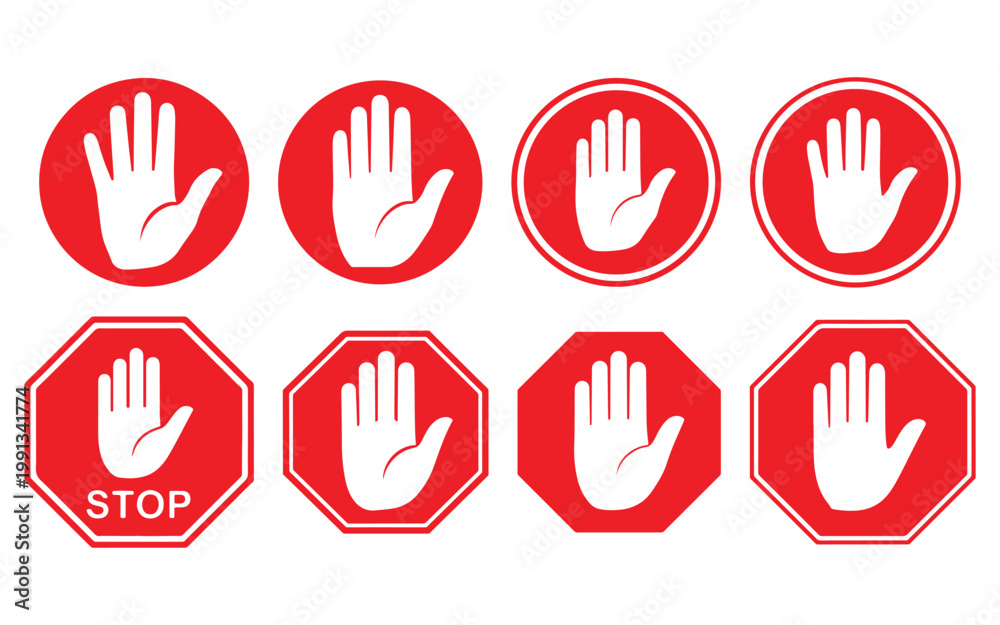 Fototapeta premium WebStop Hand Sign Icon Set – Red Do Not Enter Warning Symbols with White Hand Vector Illustration