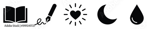 Essential black graphic symbols featuring an open book, writing pen, radiant heart, crescent moon, and liquid drop for diverse digital designs and educational content.