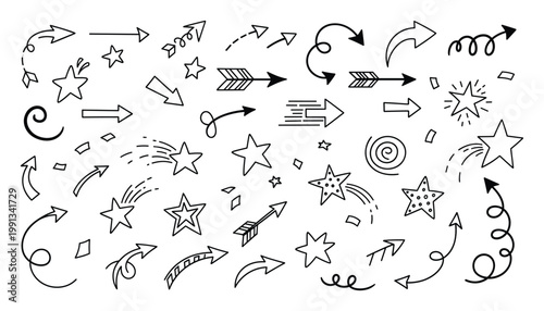 Collection of various black hand drawn doodle arrows and stars for design projects and visual communication