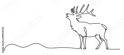 Elegant continuous line drawing of a majestic stag deer bugling in a minimalist nature wilderness graphic