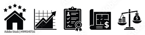 Real estate business icons for property valuation, investment growth, and financial planning applications