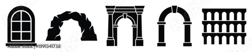 Comprehensive set of distinct arch silhouettes encompassing natural and architectural designs ideal for symbolic representation and structural graphics
