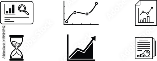 Business data analysis icons charts graphs time and growth silhouette set