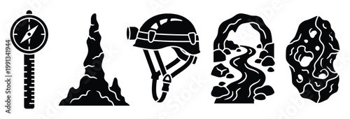 Essential caving equipment and cave formations glyph set for speleology research and outdoor adventure publications