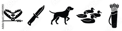 Hunting and outdoor adventure equipment silhouettes including trap knife dog ducks and arrows for sport