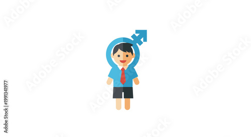 Male student character with blue gender symbol icon.