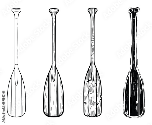 Stylized wooden canoe paddles and kayak oars in various black and white graphic styles for outdoor sport designs