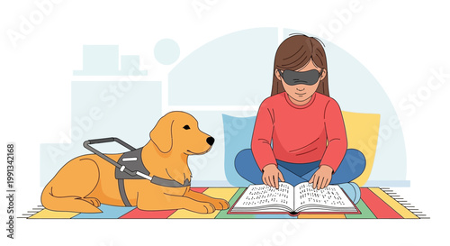 A visually impaired young girl reading a braille book with her guide dog.