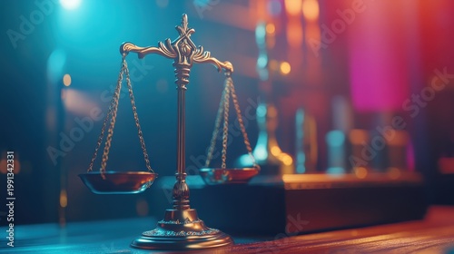 Antique Brass Scales of Justice balanced in a formal legal setting, representing law and order