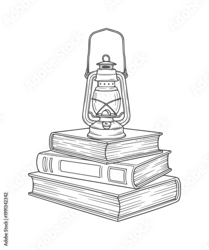 Stack of antique books topped with a kerosene lantern