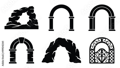 Different arch icons including natural stone arches classical doorways and decorative metal gates useful for various graphic projects