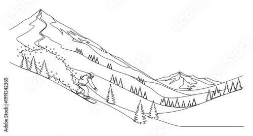Dynamic line drawing of snowboarder navigating snowy mountain landscape for winter sport advertisement