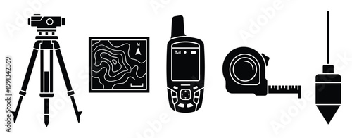 Collection of essential land surveying and construction measurement tools including level, GPS, map, tape, and plumb for technical work