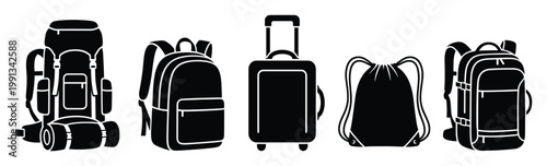 Set of essential bags for travel, outdoor adventure, and daily use, perfect for icon and graphic design.