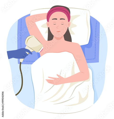 Woman Removes Armpit Hair with Laser Treatment by a Cosmetician Specialist for Aesthetic Treatment and Healthcare Concept Illustration Clip Art