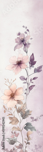 Delicate watercolor botanical illustration bookmark with pastel flowers