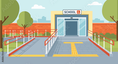 School building entrance with wheelchair access ramp and tactile paving.
