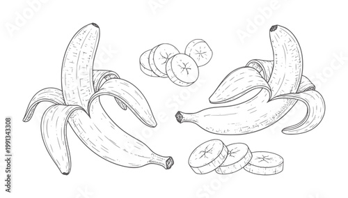Two peeled bananas and sliced bananas in a style fruit food