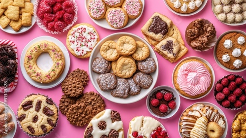 An overhead view of a festive holiday table laden with an assortment of delicious, homemade cookies and desserts.
