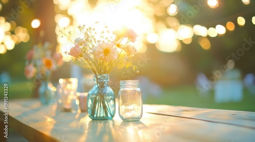 Elegant garden event with luxurious decor and soft golden light illuminating floral arrangements on a table setting