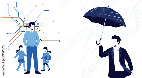 Businessman and Family Navigating Complex Network Map and Professional Man Protecting Himself from Rain with Umbrella for Life Insurance and Strategy ConceptsBusinessman and Family Navigating Complex 