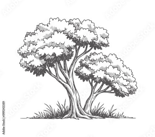 Two stylized trees with lush foliage and grass in a style nature plant