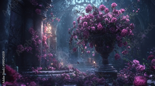 Enchanted Night Garden with Blooming Purple Roses and Ancient Ruins Under Soft Mystical Light