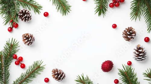 Festive Christmas border with natural pine branches, red berries, and pinecones on a clean white background for holiday greetings