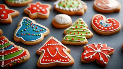 Assortment of vibrantly decorated Christmas sugar cookies with festive icing designs, arranged for a holiday celebration.