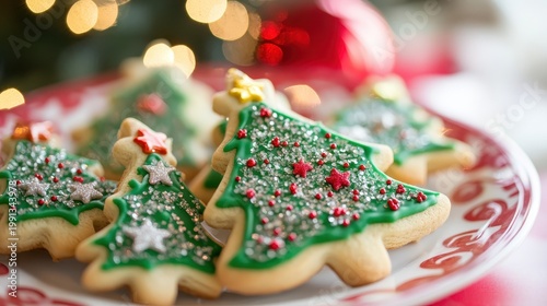 Festive Christmas Tree and Star Shaped Sugar Cookies Decorated with Green Icing and Sparkle on a Holiday Plate