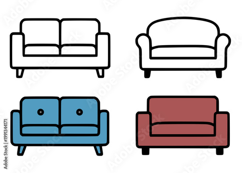 Couch set icon illustration, in outline design, isolated on transparent background