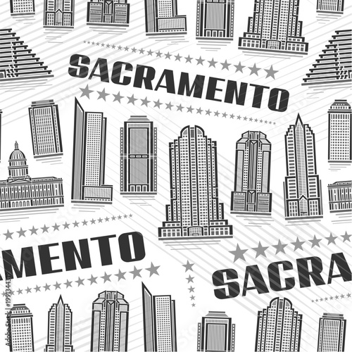 Vector Sacramento Seamless Pattern, square background with line illustration of famous sacramento city scape on white backdrop for bed linen, monochrome line art urban cover with black text sacramento