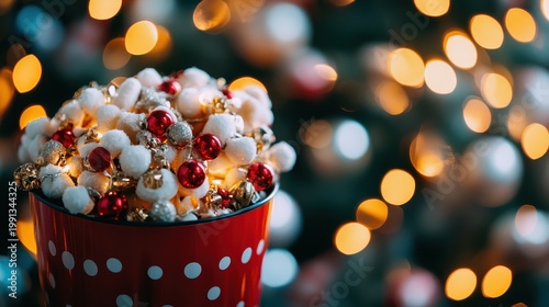 Festive Holiday Popcorn Treat With Red Ornaments and Twinkling Lights