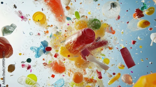 Environmental Plastic Pollution with Microplastics and Beach Litter in Vibrant Colors Against a Clear Sky