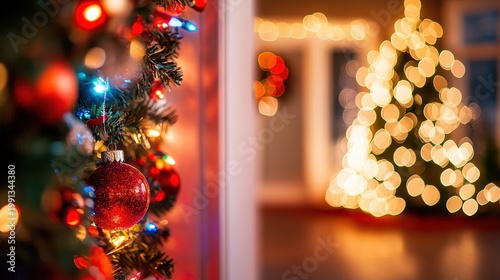 Festive Christmas garland with glowing lights adorns a home doorway, creating a warm and inviting holiday entrance with a blurred background.