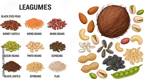 Detailed Legumes and Nuts Collection Set with Black Eyed Peas Kidney Lentils Mung Bean Soybean Peanut Coconut for Food Design