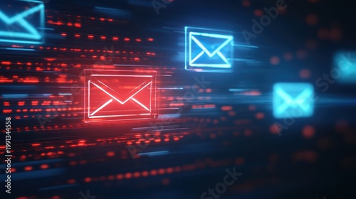 Digital security alerts with glowing email icons representing phishing threats and cyber protection on a futuristic background