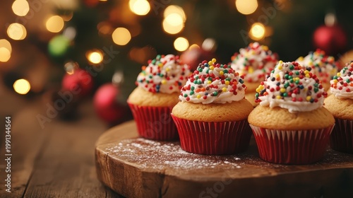 Festive Holiday Cupcakes with Colorful Sprinkles on a Rustic Wooden Tray with Warm Christmas Lights in the Background