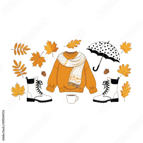 Autumn fashion accessories with umbrella and boots