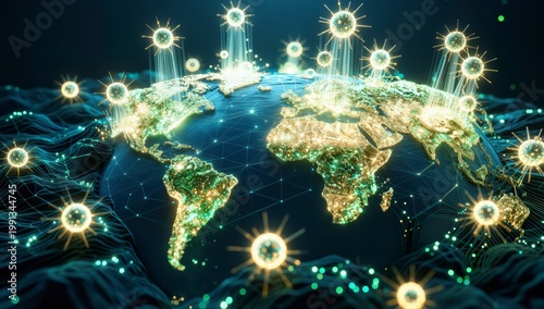 Futuristic abstract world map with cyber security and high tech communication concept.