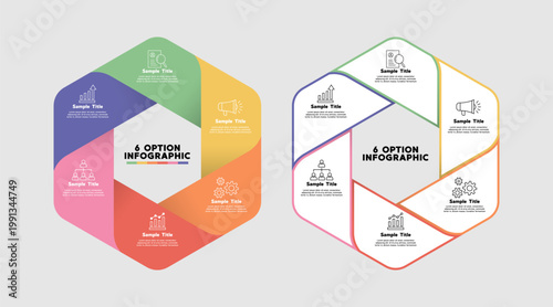 Hexagonal Venn diagram with 6 optional step sections for business presentations or reports. Editable vector.