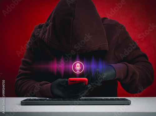 AI voice scam and phishing concept with hooded hacker using smartphone and soundwave interface. Deepfake voice fraud, impersonation, identity theft and cybersecurity risk in digital communication.