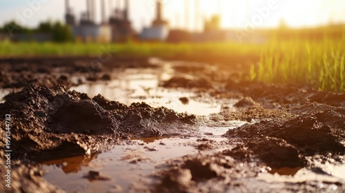 Muddy soil and stagnant water in an industrial area with factories in the background under hazy sunlight