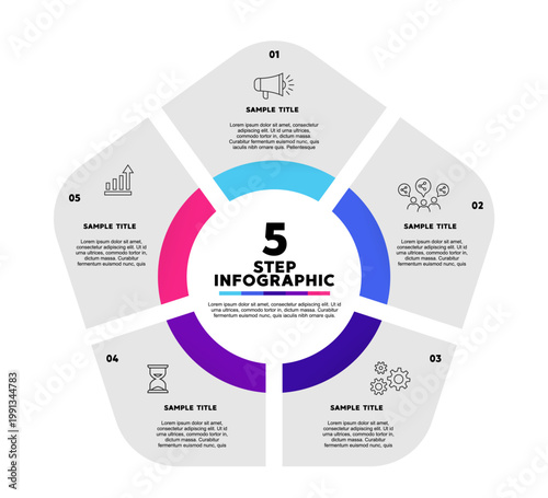 Venn diagram infographic with five options for business presentation design templates. Vector EPS