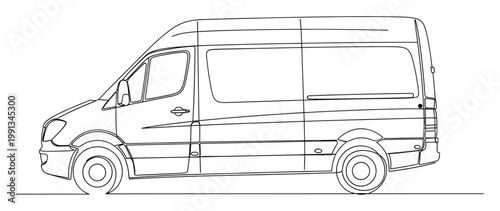 Continuous single line drawing of a modern cargo van useful for automotive delivery and transportation applications.