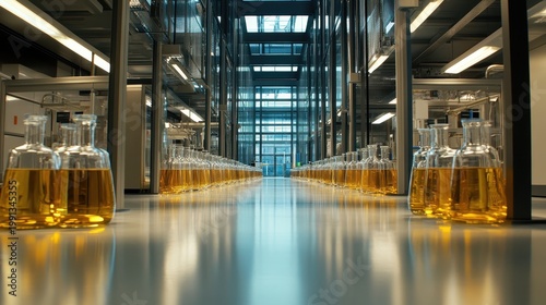 Rows of science laboratory flasks filled with amber liquid in a modern research facility with dramatic overhead lighting reflecting on the floor.